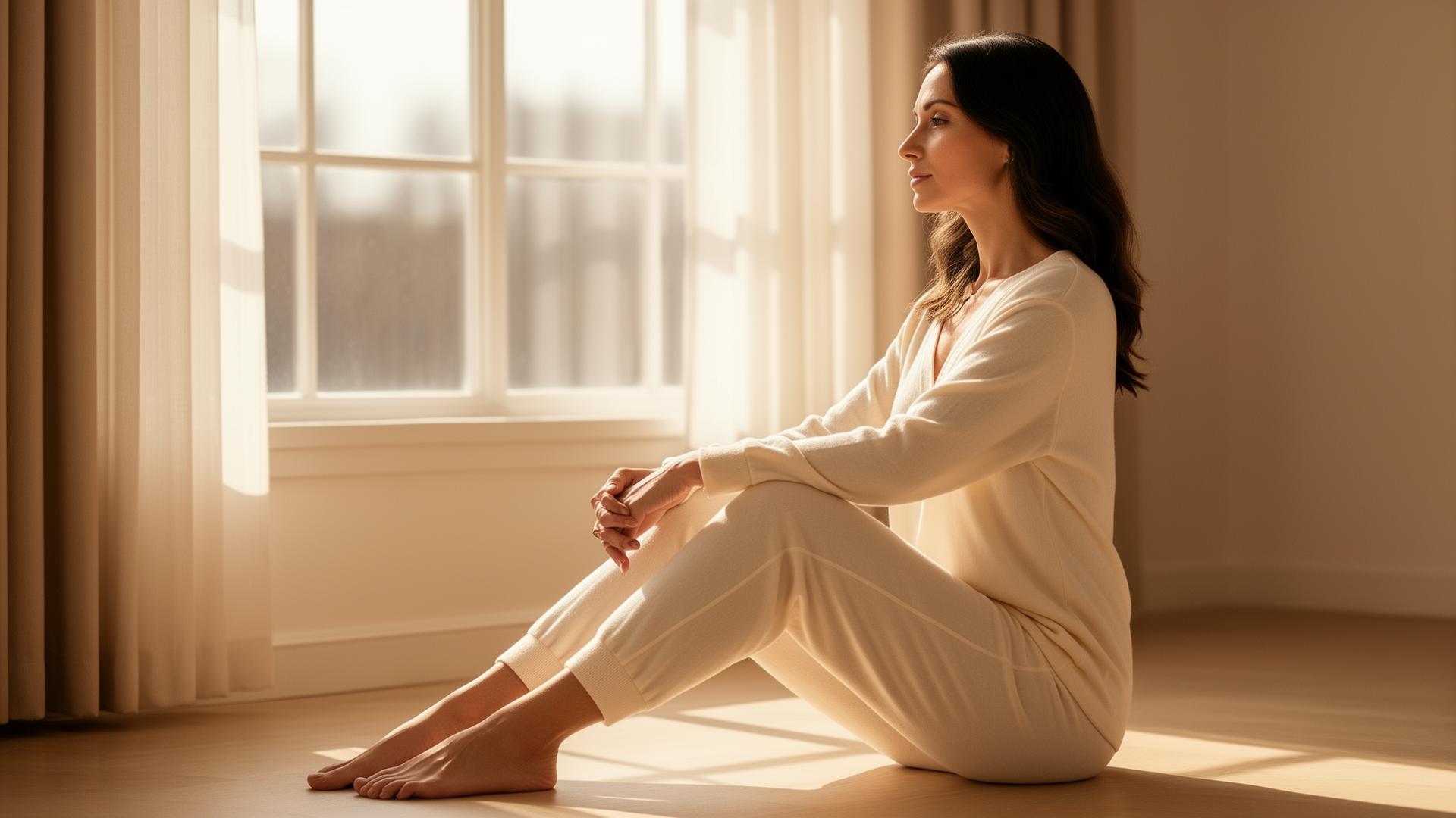 Woman relaxing with great posture in soft window light